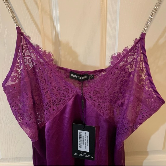 NWT PrettyLittleThing Purple Diamante Strap Lace Cup Satin Shift Dress - Picture 4 of 6